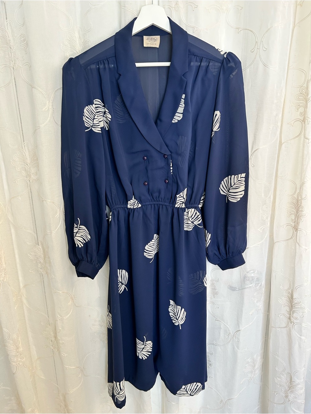 Vintage 80s Luci Fellini Navy Chiffon Monstera Leaf Print Midi Wrap Dress